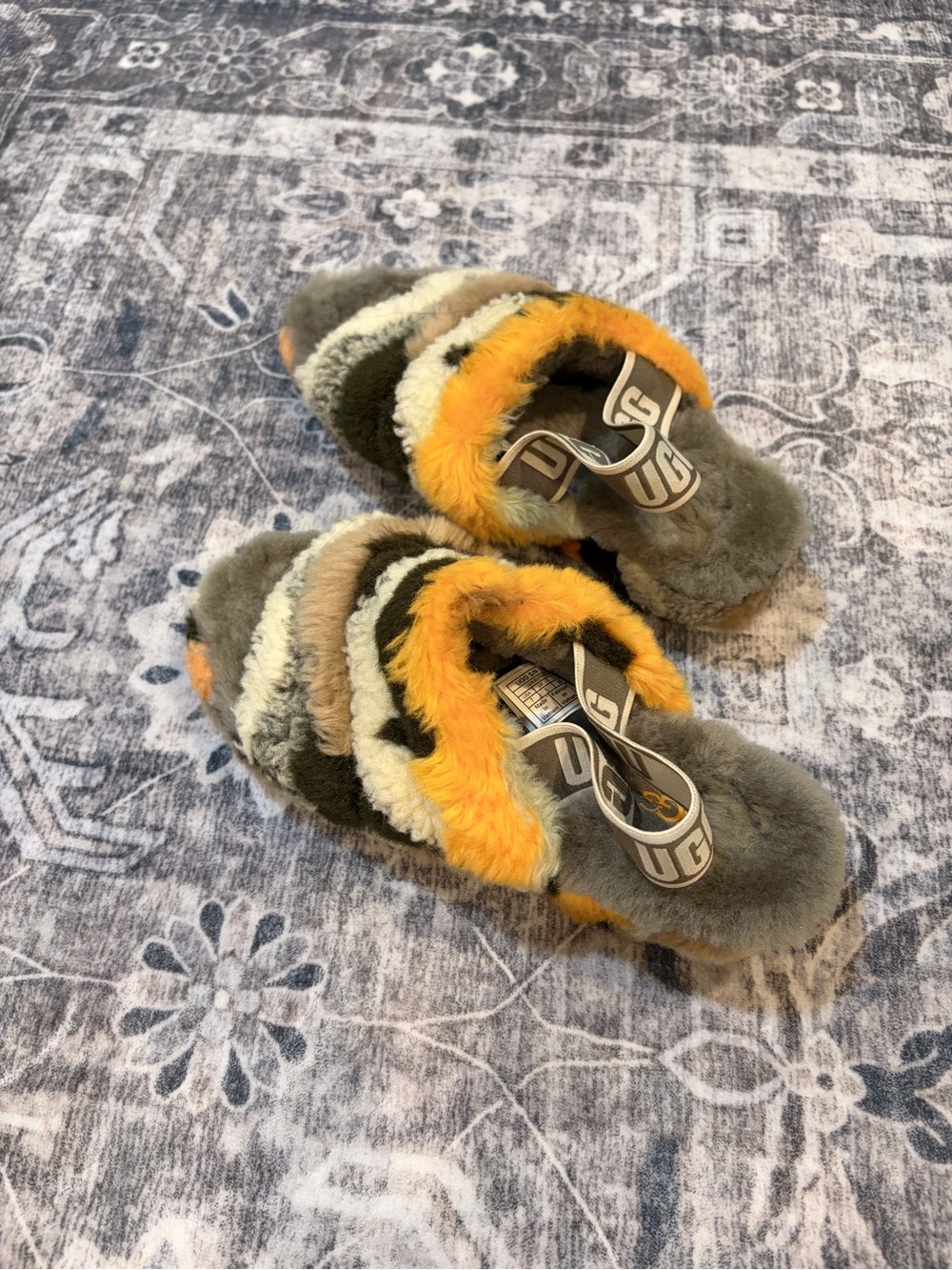 UGG Multicolor Fuzzy Slide Sandals - Yellow, Olive, Cream, Gray